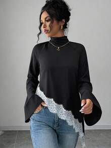 Elenzga Blusa de manga larga asimétrica negra con encaje de contraste de talla estándar - Negro - Ver 5