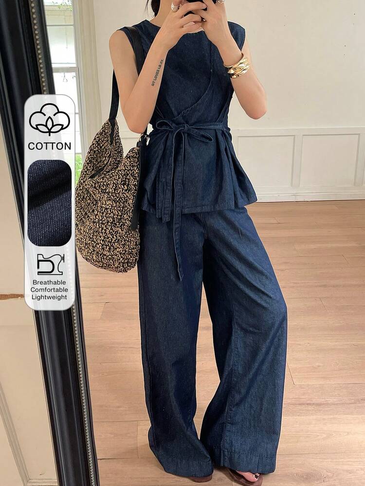Women's Casual Denim Vest And Pants Set, Summer
