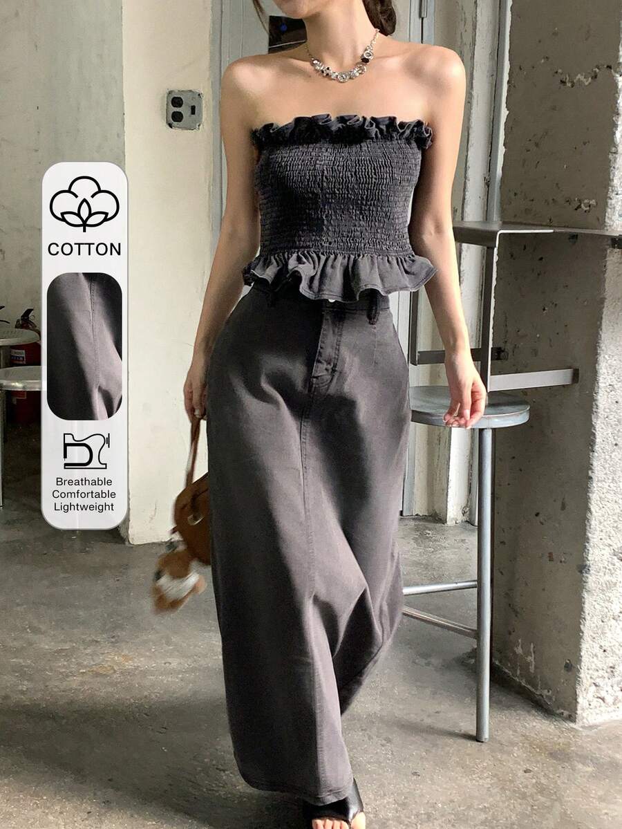DAZY Women's Summer Casual Ruffle Bandeau Top & Denim Skirt Set - Black - View 1