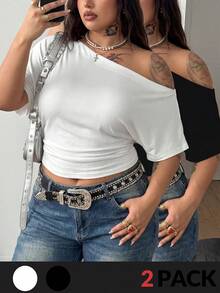 SHEIN Tall CURVE Plus Size Solid Color Minimalist Casual Asymmetric Neck T-Shirt - Black and White - View 8