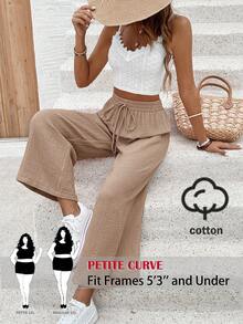 SHEIN PETITE CURVE 大码女式纹理弹力腰休闲裤 - 駝色 - 查看 11