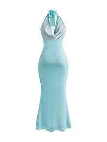 ROMWE Y2K Vestido sexy vazado com detalhes florais em renda para férias de verão na praia. - Azul - Ver 2
