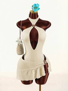 Amplova Women's Shell Metal Decor Halter Backless One-Piece Swimwear With Cover-Up & Skirt Set - Apricot - View 1