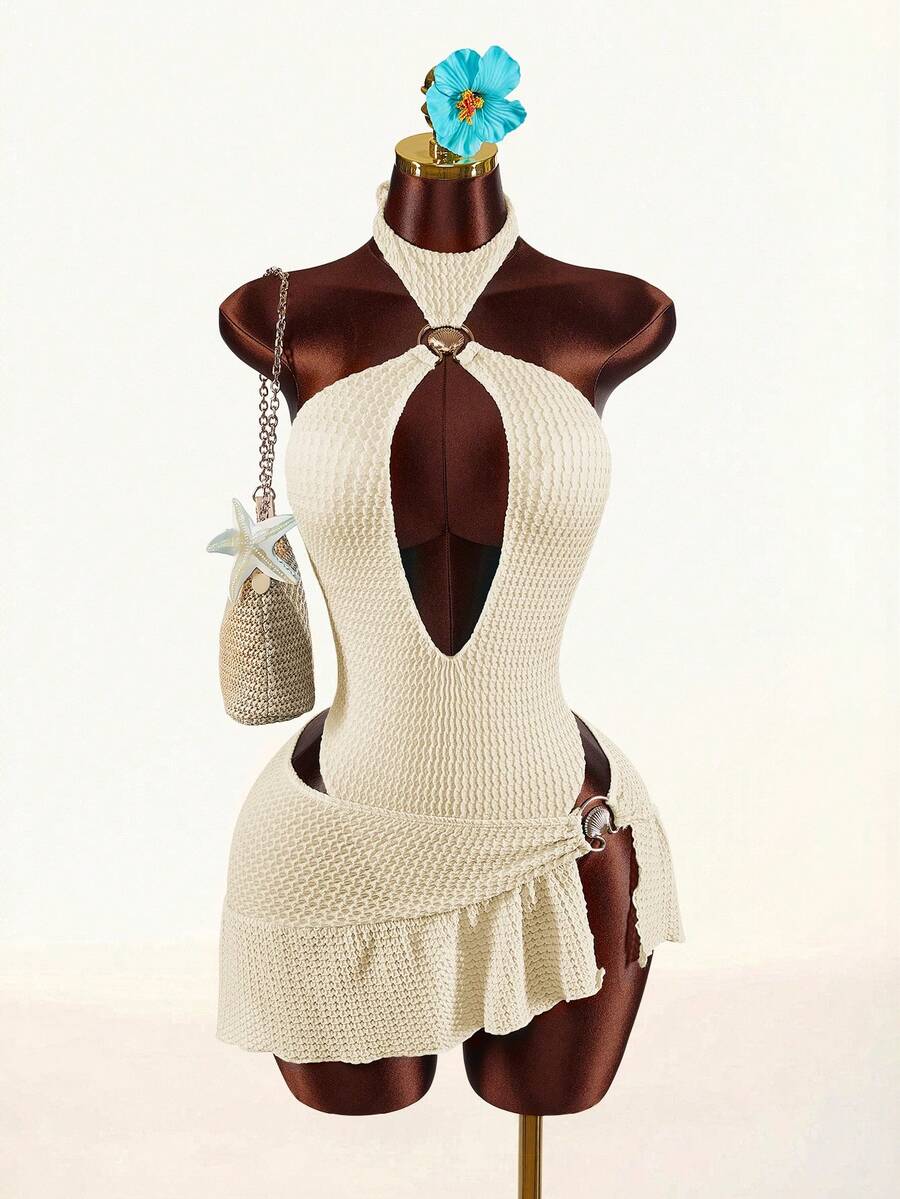 Amplova Women's Shell Metal Decor Halter Backless One-Piece Swimwear With Cover-Up & Skirt Set - Apricot - View 1