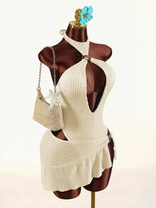 Amplova Women's Shell Metal Decor Halter Backless One-Piece Swimwear With Cover-Up & Skirt Set - Apricot - View 11