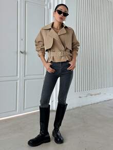 DAZY Raglan Sleeve Buckle Belted Trench Coat,Fall Clothes Women Jacket - Camel - View 5