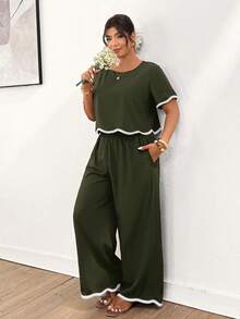 Lounesse Plus Size Women Holiday Round Neck Embroidered Ruffle Hem Blouse And Pocket Pants 2 Pieces Set - Dark Green - View 5