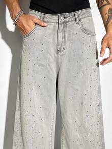 ROMWE MEN Street Life Men's Casual Street Rhinestone Washed Slant Pocket Wide-Leg Jeans - Grey - View 3