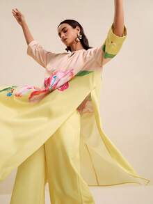 LOTSLUV Women's Elegant Pink Floral Golden Yellow Floral Print 2-Piece Set, Round Neck Loose Blouse Straight Leg Pants, Vacation Outfit Autumn - Multicolor - View 7