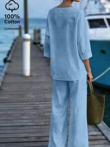 EMERY ROSE Women's Off-Shoulder V-Neck Blouse And Cotton Pants 2 Pieces Set - Blue - View 2
