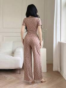 Feyla 女士蝴蝶结装饰短袖上衣和裤子休闲两件套 - 藕粉色 - 查看 3