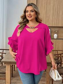 SHEIN CURVE+ Plus Size Women Solid Color Metal Decor Casual Versatile Daily Wear Blouse - Hot Pink - View 6