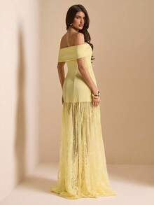 SHEIN BAE Vestido amarillo de encaje calado sin hombros y sin mangas, vestido amarillo, vestido elegante - Amarillo - Ver 2