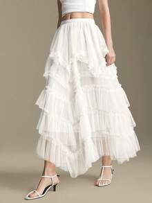 Ontre 2026 Women's Off-White Autumn Elegant Party Multi-Layer Ruffle Hem Mesh Patchwork Date Night Skirt,Cruise Attire Wedding Guest Dress,Old Money Style - White - View 2