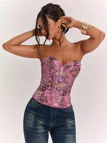 SHEIN BAE Women's Sexy Elegant Pink Floral Brocade Bustier Crop Top, Club Night Out Wear, Date Wear, Vintage Wear, Summer Wear, Bodycon, Y2K Top - Pink - View 6