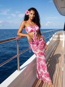 Vaytide Ensemble de bikini à volants avec attache au cou, imprimé floral d'été pour femme, avec cache-maillot et jupe - Rose bonbon - Voir 5