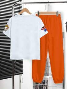 Conjunto de 2 piezas para niño preadolescente: Camiseta de manga corta con estampado de letras graffiti minimalista y casual Y2K, y pantalones, adecuado para primavera/verano - Blanco - Ver 2