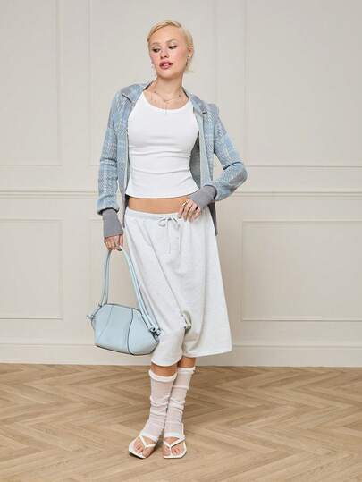 COUREZ Long Sleeve Fitted Knit Top In Check/Y2K Summer Outfits For Women Long Sleeve Tops Going Out Outfits Party Tops Festival Outfits Summer Tops Spring Outfits For Women Summer Clothes For Women