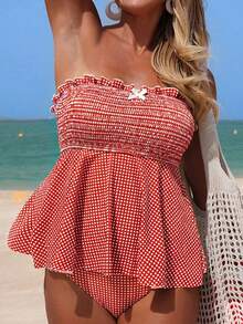 Swim Mod 2pcs Digital Print Crop Top And Triangle Bikini Bottom Set, Fashionable And Elegant Camisole And Swimwear - Multicolor - View 1