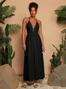 Travachic Solid Color V-Neck Sleeveless Dress For Women,Dresses For Women Summer - Black - View 5