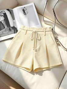 EMERY ROSE Women's Casual Linen Waist Rope Decor Discounted Detail Relaxed Vacation Spring/Summer Basic Shorts - Light Yellow - View 2