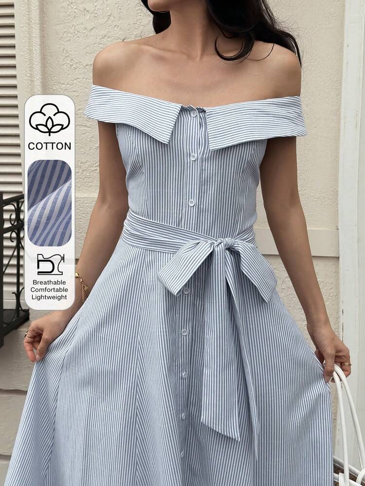 Women's Blue Striped Strapless Bow Tie Sleeveless Dress, Suitable For Spring And Summer Sun Dresses For Women
