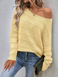 EMERY ROSE Suéter casual de mujer de unicolor, de manga larga, con hombros caídos y calado - Amarillo - Ver 5