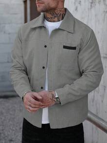 Manfinity Homme 男士前扣長袖口袋簡約休閒日常穿著襯衫外套，秋冬男友禮物，外出保暖燈芯絨法蘭絨 - 灰色 - 查看 7
