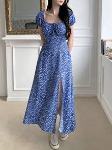 DAZY Women's Casual Ditsy Floral High Slit Mid-Length Dress, Summer - Baby Blue - View 1