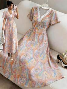 Selianne Elegant Sexy Boho Holiday Bohemian Pastal Cashew Flower V-Neck Ruffle Elastic Waist Women Long Dress Tea Party Vacation Golf Summer Blue And Yellow - Multicolor - View 6