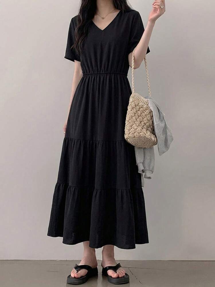 Women's Solid Color V-Neck Short Sleeve Casual Dress Sun Dresses For Women