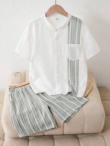 2pcs/Set Older Boys' Summer Casual Street Fashion Woven Blue And White Stripe Jacquard & Solid Patchwork Short Sleeve Shirt With Shorts,Vacation Fit - Green - View 8