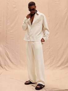 Musero Men Oversized Long Sleeved Linen Shirt Only Spring Summer Vacation Easter - Apricot - View 4