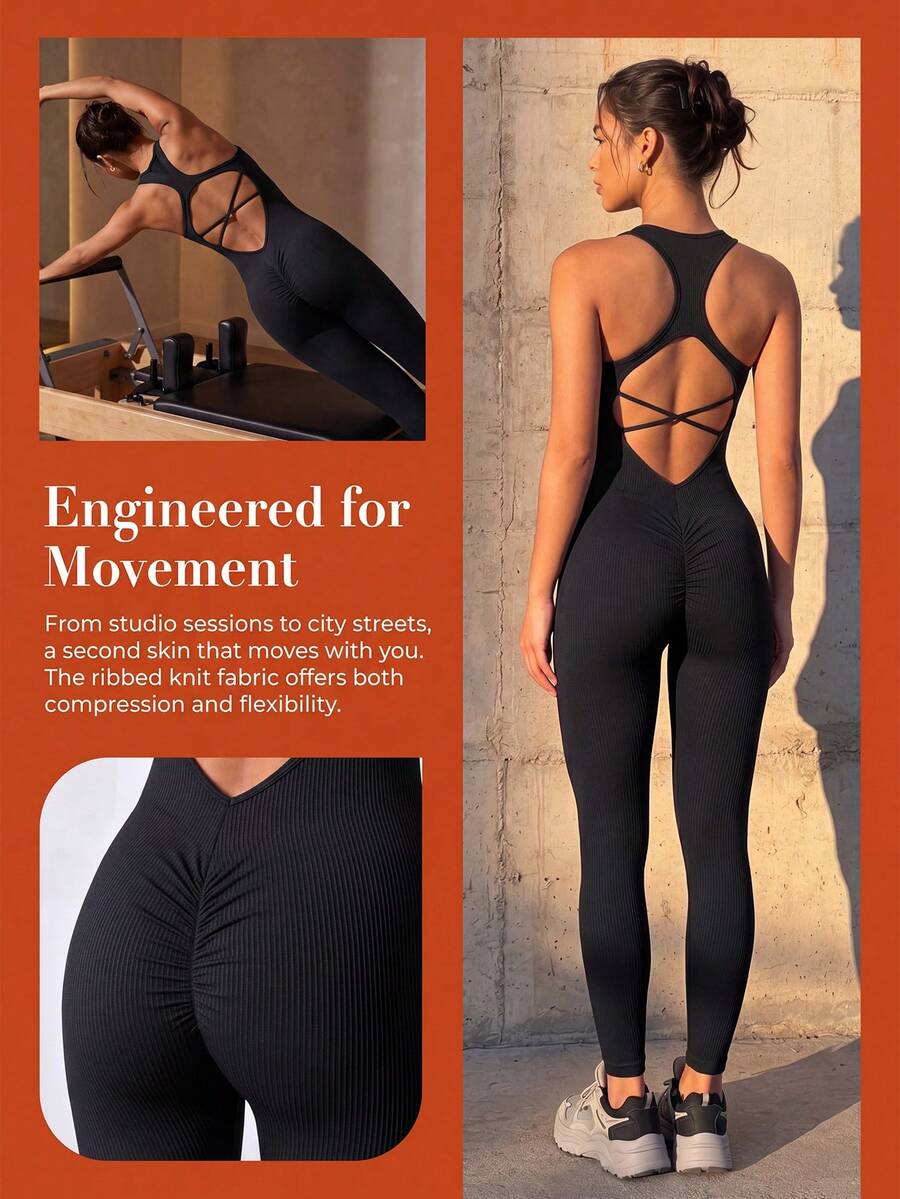 Easithlete Easithlete Women's Sexy Criss-Cross Back Jumpsuit - Black - View 1