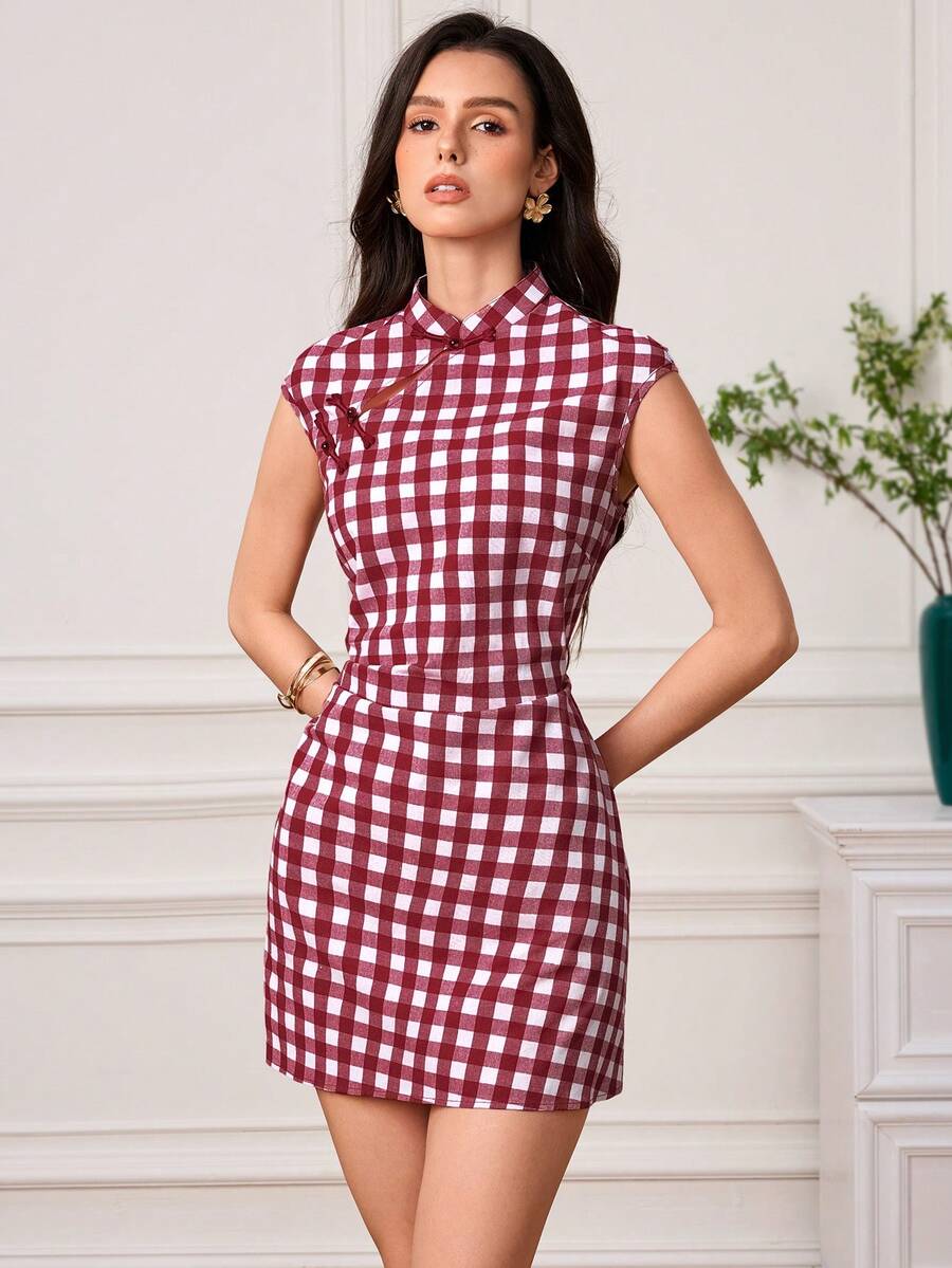 EastFlair Đầm ngắn nữ thanh lịch kẻ caro thắt eo, thích hợp cho mùa hè. - Đỏ và trắng - Xem 1