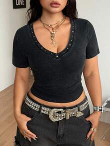 Coolane 女士加大码春夏街头风复古水洗做旧星形铆钉V领抹胸T恤 - 黑色 - 查看 3