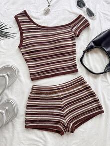 Soleia Conjunto informal de verano de 2 piezas para mujer, top de punto con hombro asimétrico a rayas + shorts, conjunto de 2 piezas de punto, conjunto de 2 piezas acanalado, conjunto de 2 piezas a rayas, conjunto de 2 piezas de verano - Multicolor - Ver 8