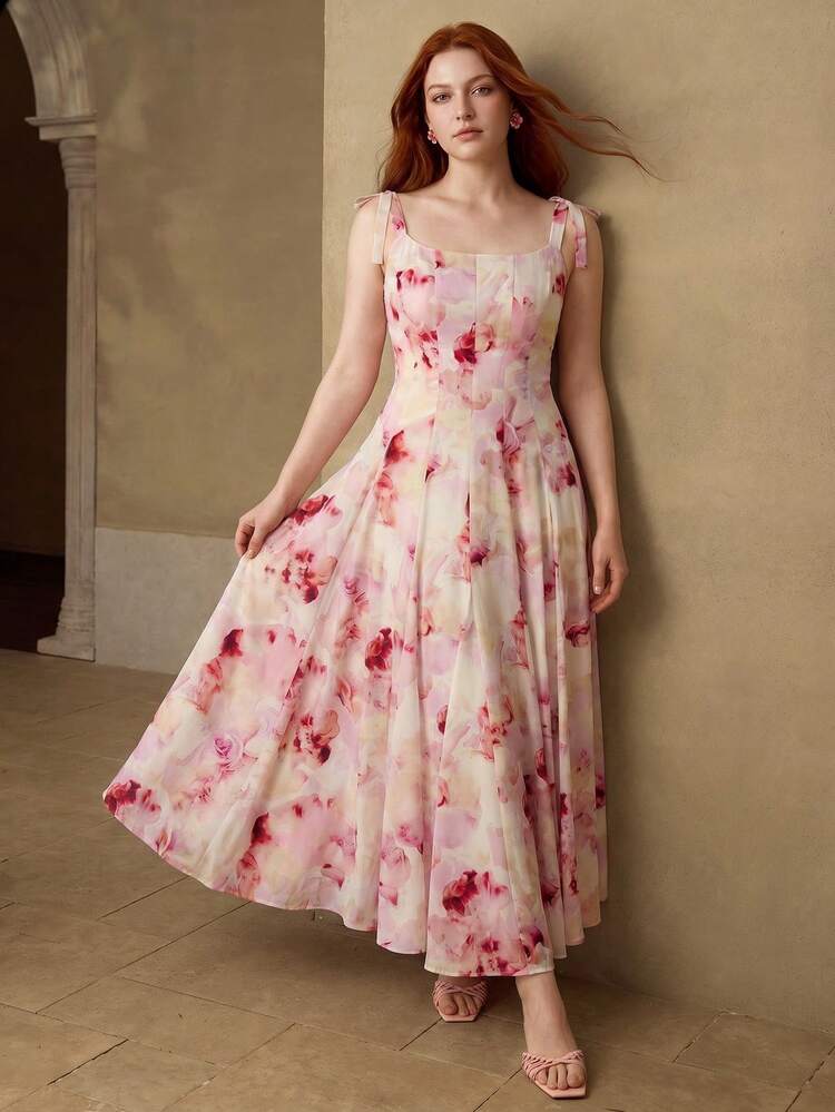 PLUS SIZE WOMEN'S SPRING/SUMMER TIE-DYE FLORAL PRINT KNOT SHOULDER CINCHED WAIST FLARE HEM CAMI DRESS
