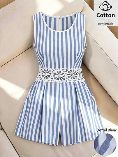 GlowEve Mono corto de algodón y lino azul y blanco con cuello redondo y sin mangas para mujer, con decoración de volantes en la cintura y diseño de cintura ceñida - Estilo casual de vacaciones, adecuado para el trabajo, la playa, el regreso a la escuela, citas, fiestas, celebraciones y cumpleaños