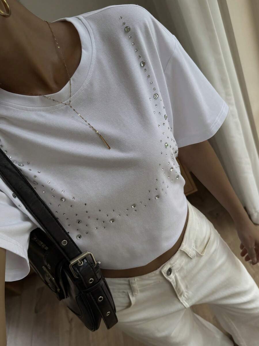 Livesso Camiseta de manga corta con cuello redondo, con diamante de imitación, de uso casual y versátil para uso diario - Blanco - Ver 1