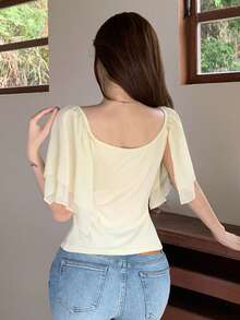 Joudiya Áo thun nữ thanh lịch với ren xoắn phía trước và tay áo bồng bềnh. - Vàng nhạt - Xem 9