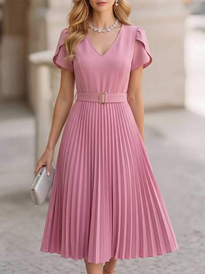 Miaspire Vestido plisado de longitud media con cinturón de unicolor elegante para mujer, verano