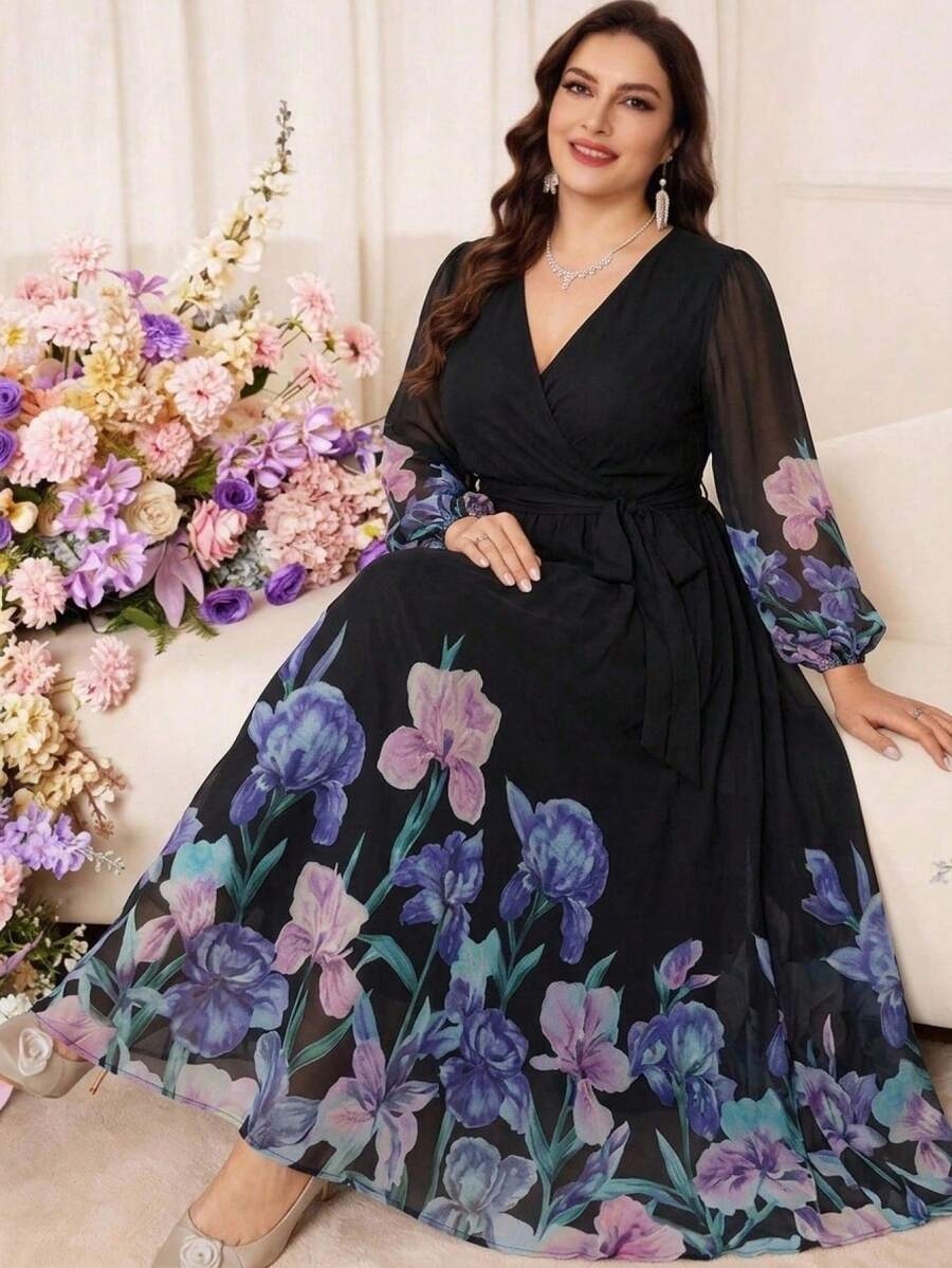 Modelyn Plus Size Elegant Floral Print Party Gym Dress Brown Autumn - Multicolor - View 1