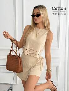 Easowa Bộ đồ gồm áo không tay khoét lỗ thêu họa tiết và quần short vạt chéo thắt nơ, kiểu dáng thanh lịch, thoải mái, phù hợp cho công sở, đi nghỉ dưỡng, phong cách xuân/hè dành cho nữ. - Màu be - Xem 5