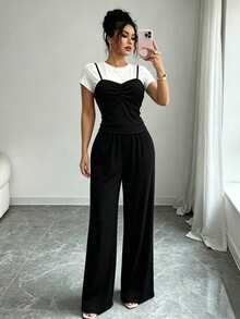 Modelyn Round Neck 2 In 1 Black Top With Loose Pants Knit 2 Pieces Set Brunch Day Time Everyday Holiday Summer Casual Sexy Travel Golf White - Black and White - View 2