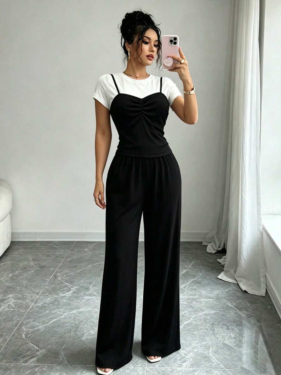 Modelyn Round Neck 2 In 1 Black Top With Loose Pants Knit 2 Pieces Set Brunch Day Time Everyday Holiday Summer Casual Sexy Travel Golf White