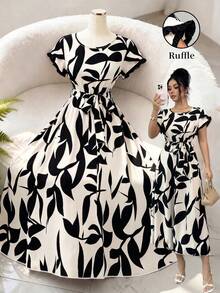 Elenzga Vestido elegante de mujer con estampado de hojas en blanco y negro, de doble capa con mangas de volantes y cinturón en la cintura, para primavera/verano - Multicolor - Ver 6