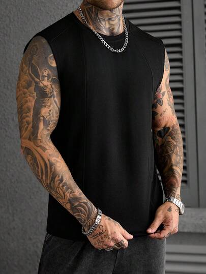 Manfinity CasualCool Men's Comfortable Solid Color Sweatshirt Fabric, Patchwork Design Round Neck Vest, Suitable For Formal Or Casual Occasions, Vacation, Dining, Office, Versatile Casual Style, Great For Self-Wear Or Gift To Friends, Popular Yamamoto Vest