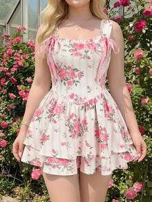 SHEIN MOD Plus Size Summer Double-Layer Drawstring Bowknot V-Neck Ruffle Trimmed Romper,Pink Floral Jumpsuit - Multicolor - View 1