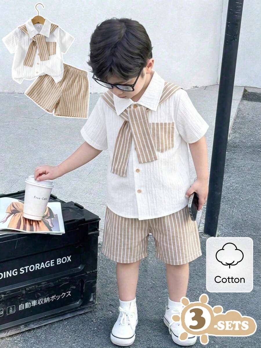 男童清新学院风条纹披肩领短袖衬衫短裤三件套,宽松舒适,适合日常出行、学校活动、户外玩耍、家庭聚会、拍照、夏季等场合。 - 彩色 - 查看 1